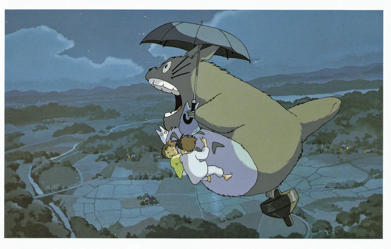Photo wallpaper flight, night, children, being, umbrella, horizon, my neighbor Totoro, tonari no totoro