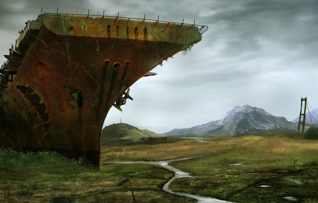 Photo wallpaper bridge, river, ship, valley, the skeleton, art, devastation, the carrier