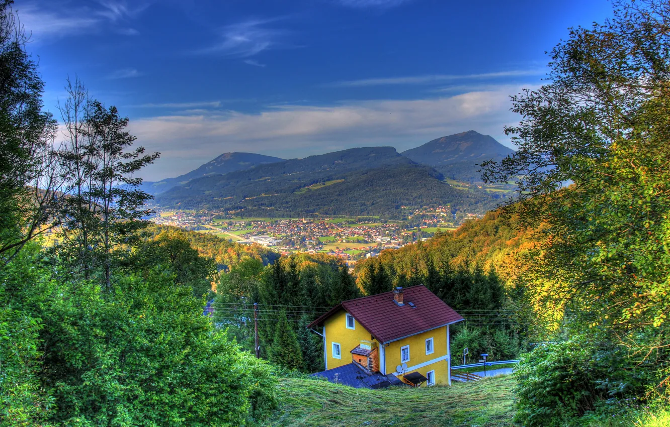 Photo wallpaper autumn, the sky, the sun, mountains, field, HDR, home, Austria