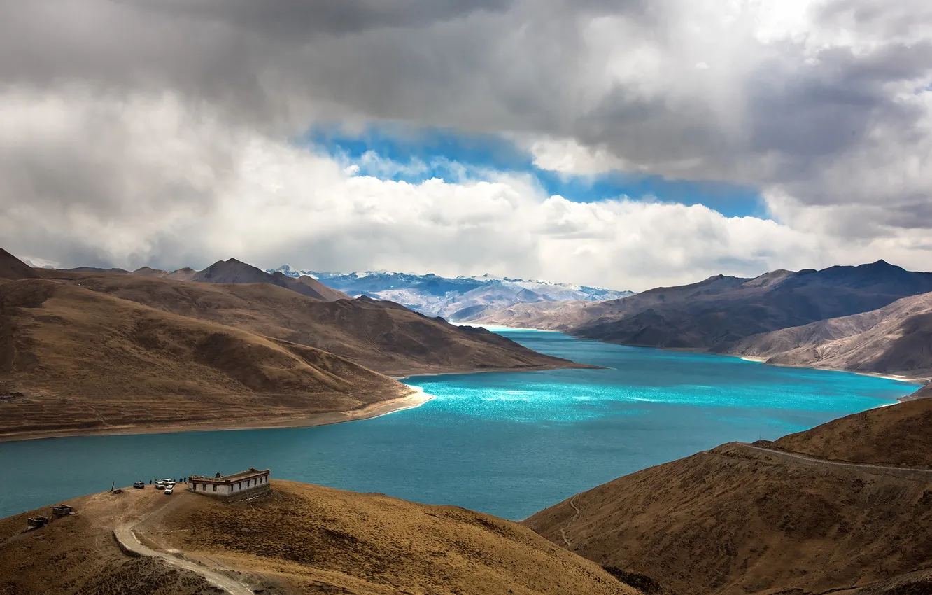 Photo wallpaper clouds, light, mountains, clouds, river, hills