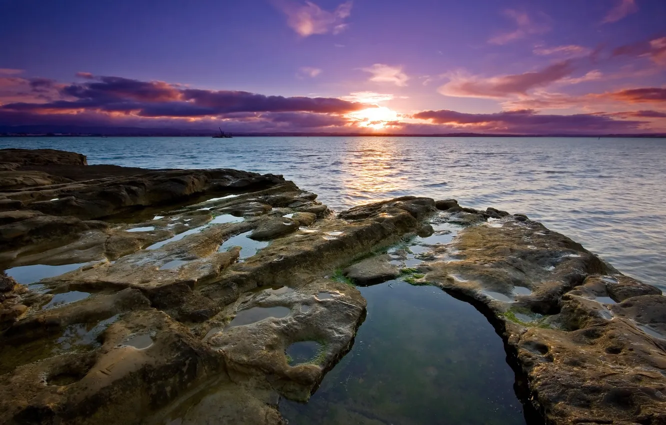 Photo wallpaper sea, the sky, the sun, clouds, sunset, stones