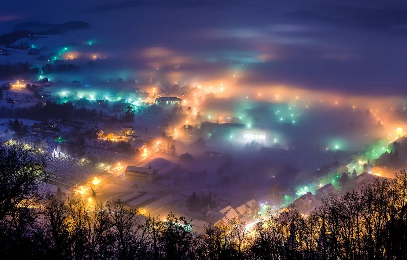 Photo wallpaper night, the city, lights, fog