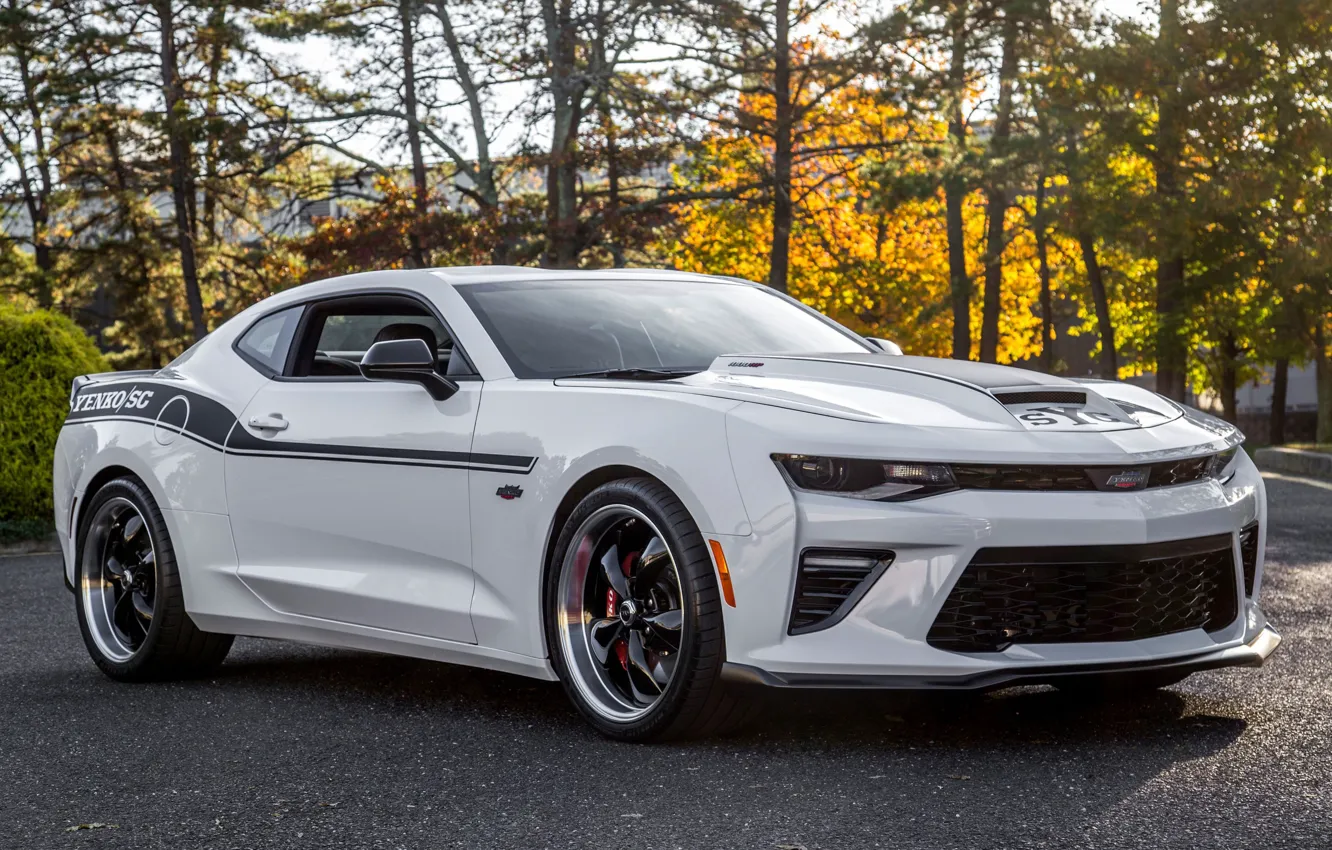 Photo wallpaper white, street, Chevrolet Camaro, chevrolet camaro yenko, Yenko Chevrolet, background forest