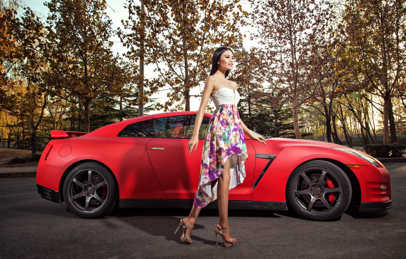 Photo wallpaper machine, auto, girl, model, Asian, car, Nissan GT-R, korean model