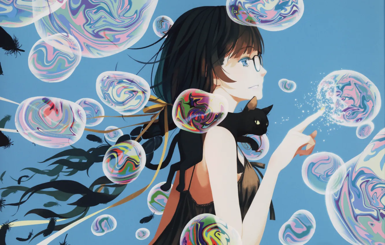 Photo wallpaper girl, bubbles, bakemonogatari, hanekawa tsubasa