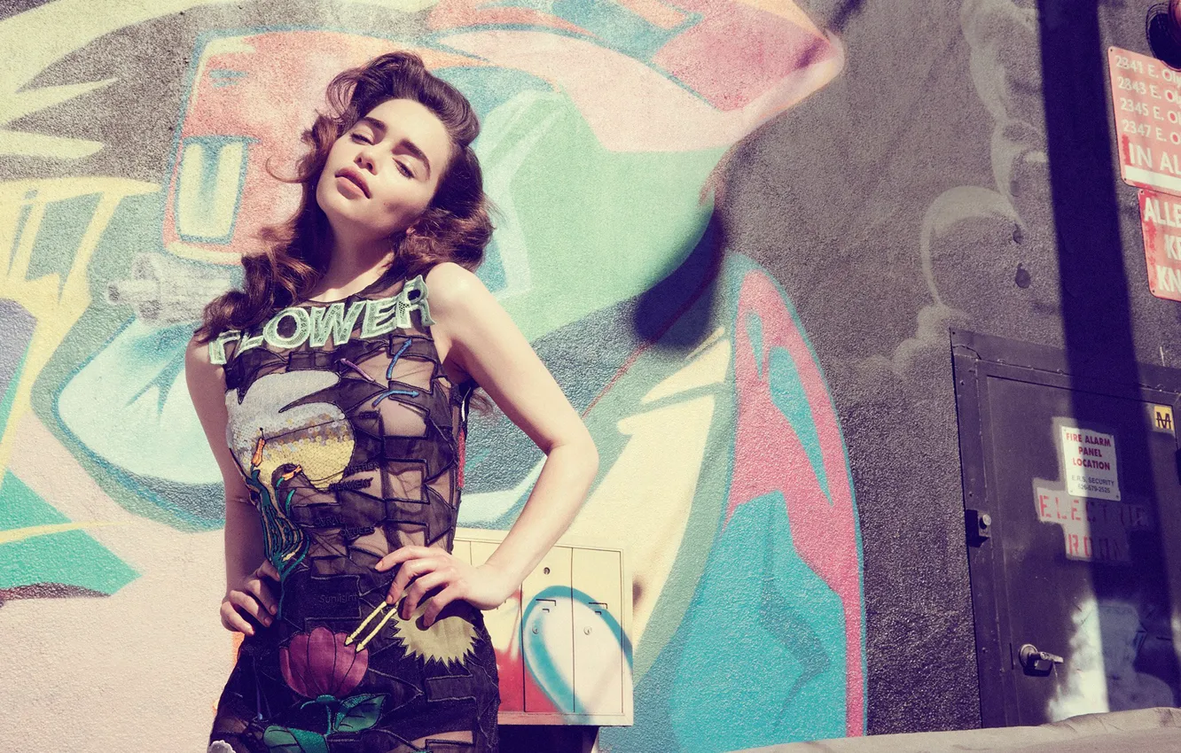 Photo wallpaper pose, wall, graffiti, dress, actress, brunette, photoshoot, Emilia Clarke