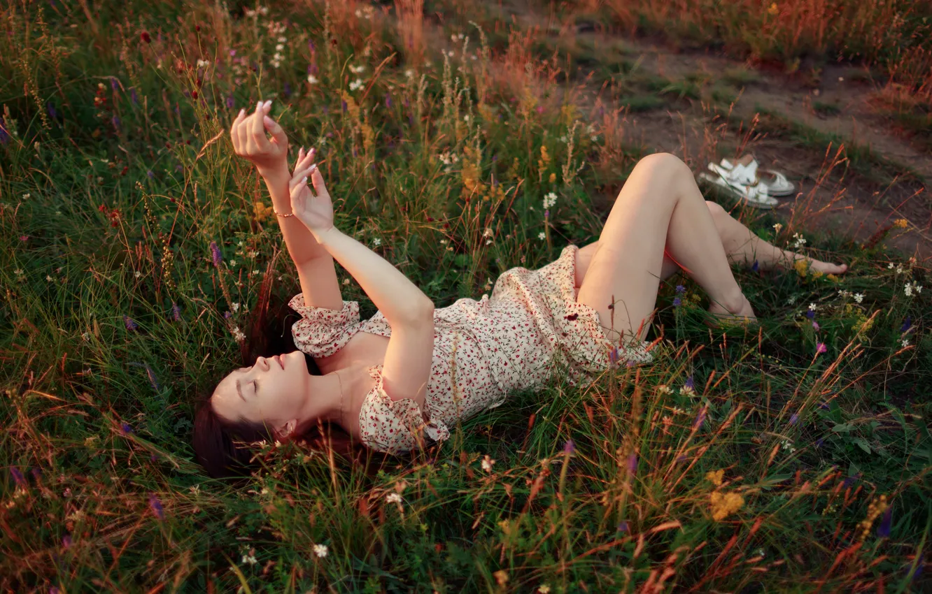 Photo wallpaper grass, girl, pose, stay, hands, dress, legs, nature