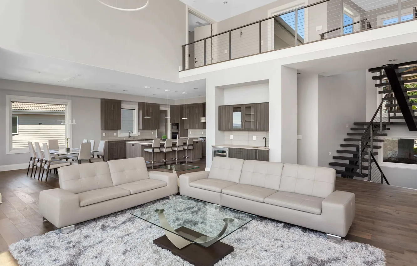 Photo wallpaper house, interior, home, great, furniture, hood, great room, hardwood