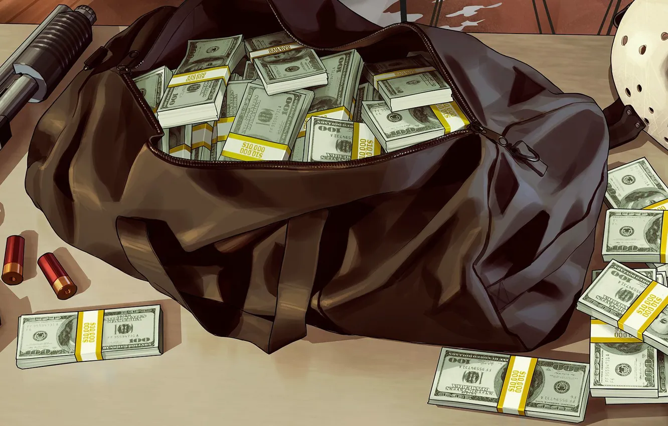 Photo wallpaper weapons, money, mask, dollars, bag, cartridges, Grand Theft Auto V, Rockstar North