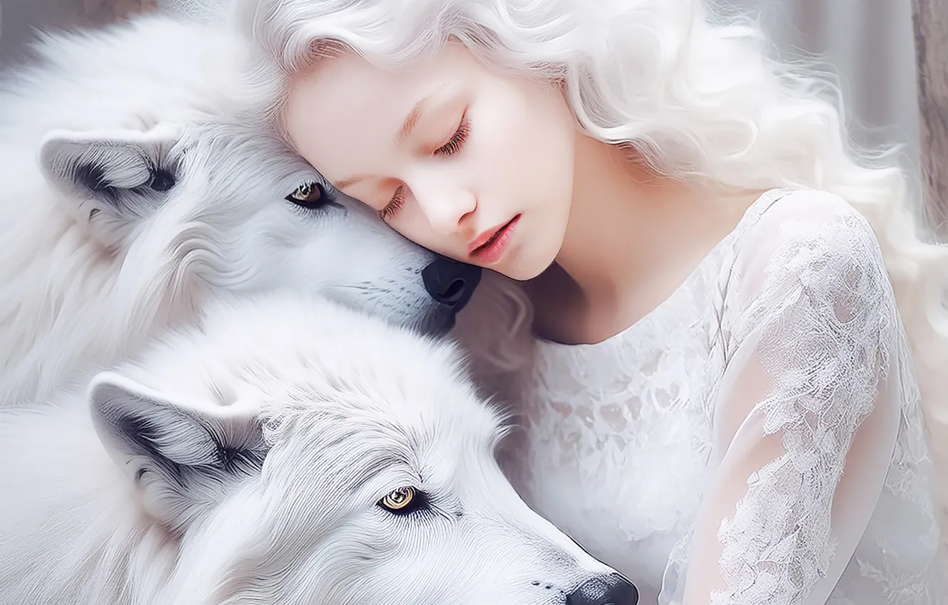 Photo wallpaper winter, white, face, girl, snow, each, wolf, blonde