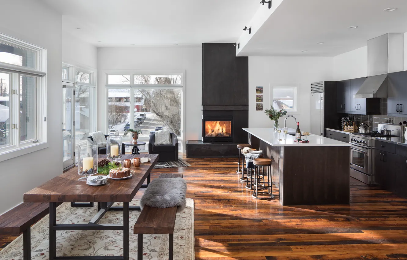 Photo wallpaper interior, dining room, living room, fireplace, kitchen