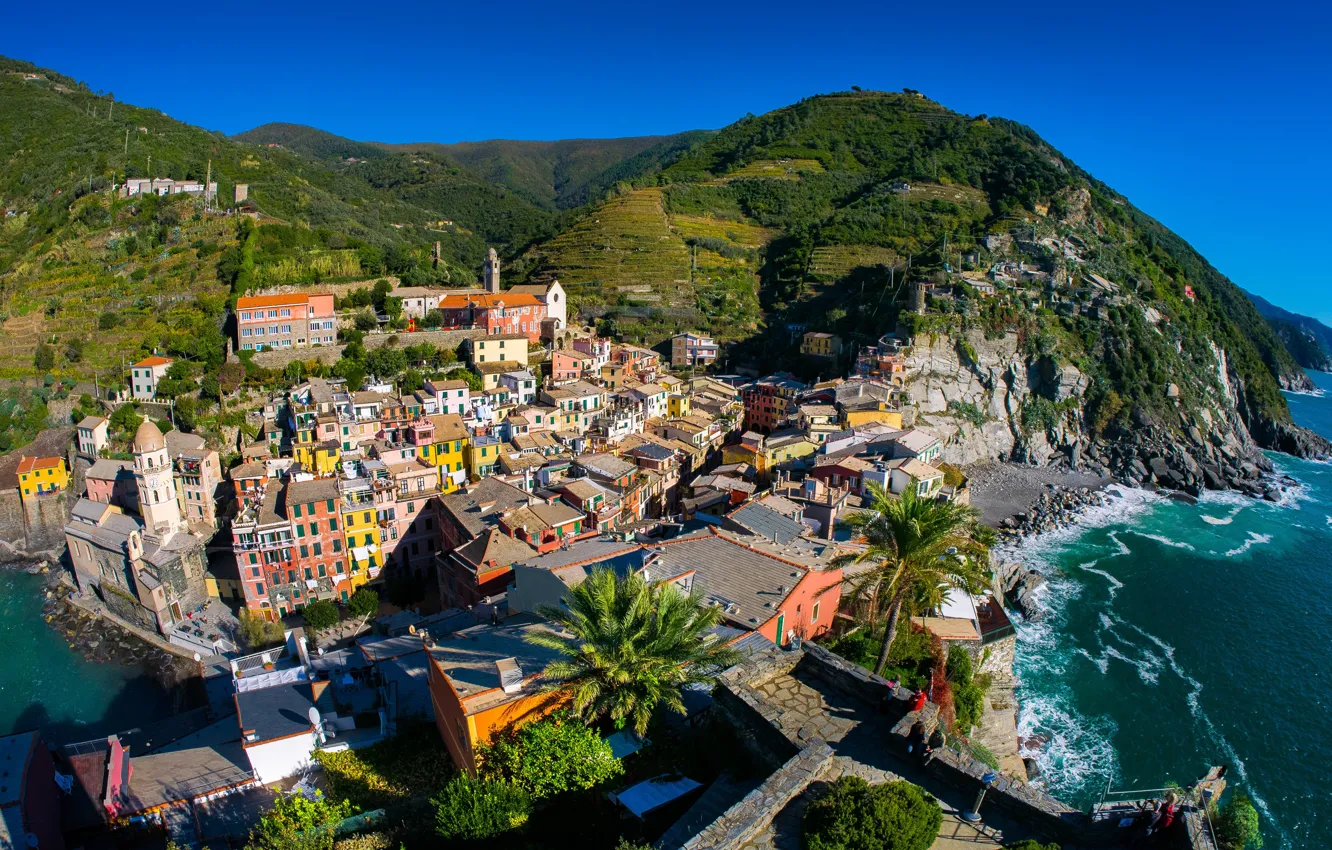 Photo wallpaper sea, the sky, the sun, mountains, stones, rocks, coast, home