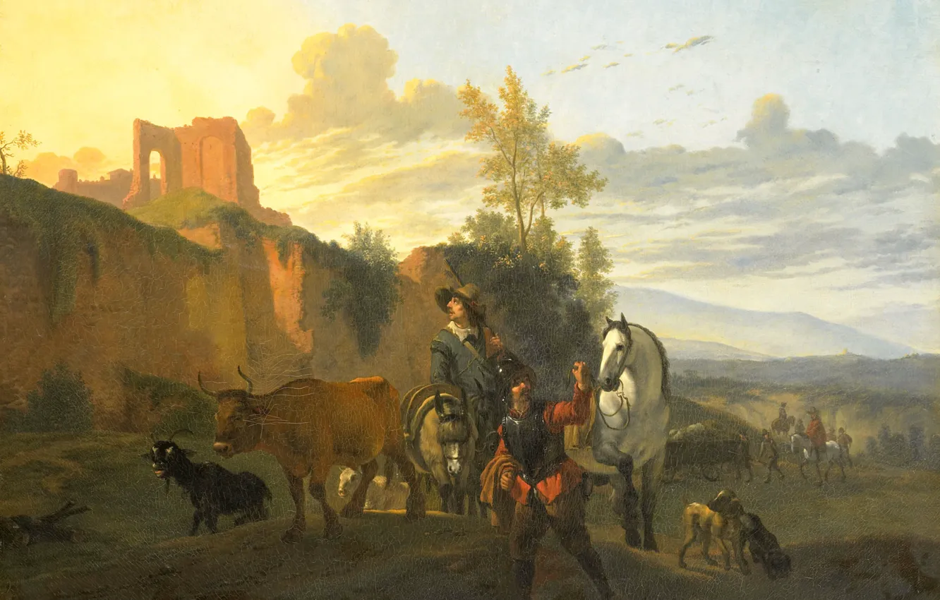 Photo wallpaper picture, genre, Italian Landscape with Soldiers, Karel Dujardin