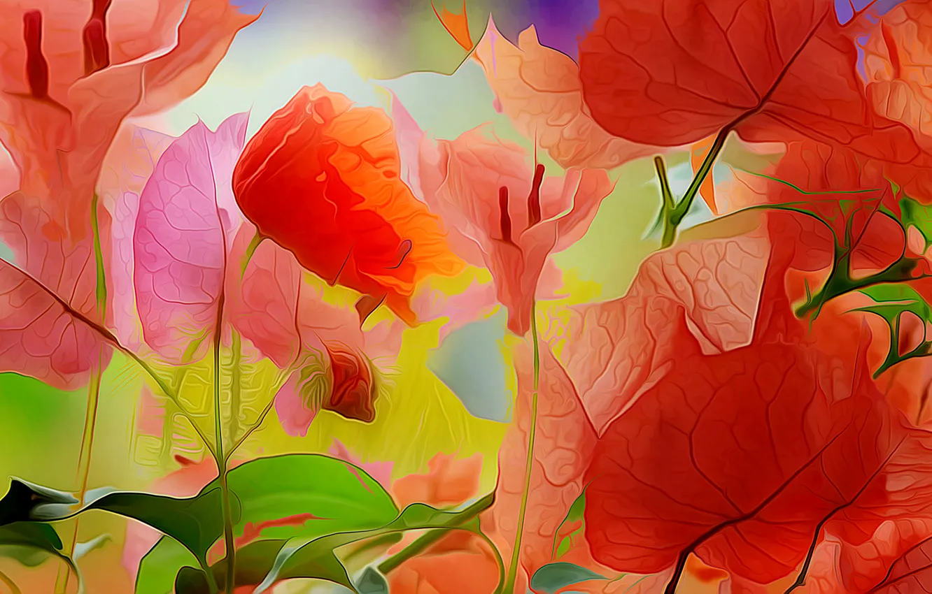 Photo wallpaper leaves, line, flowers, nature, paint