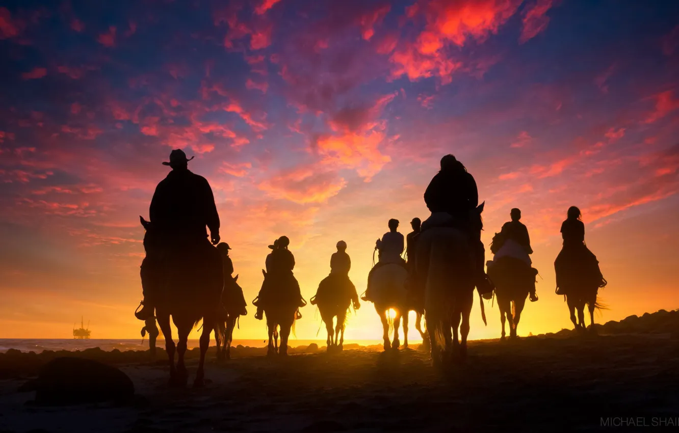 Photo wallpaper the sky, clouds, sunset, horse, people, horizon, silhouette, rider