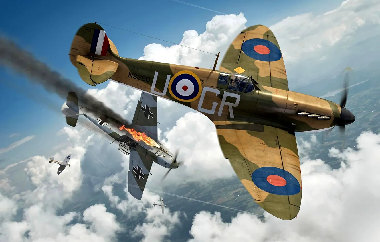 Photo wallpaper Messerschmitt, RAF, Air force, Supermarine, Emil, dogfight, battle of britain, Bf.109E
