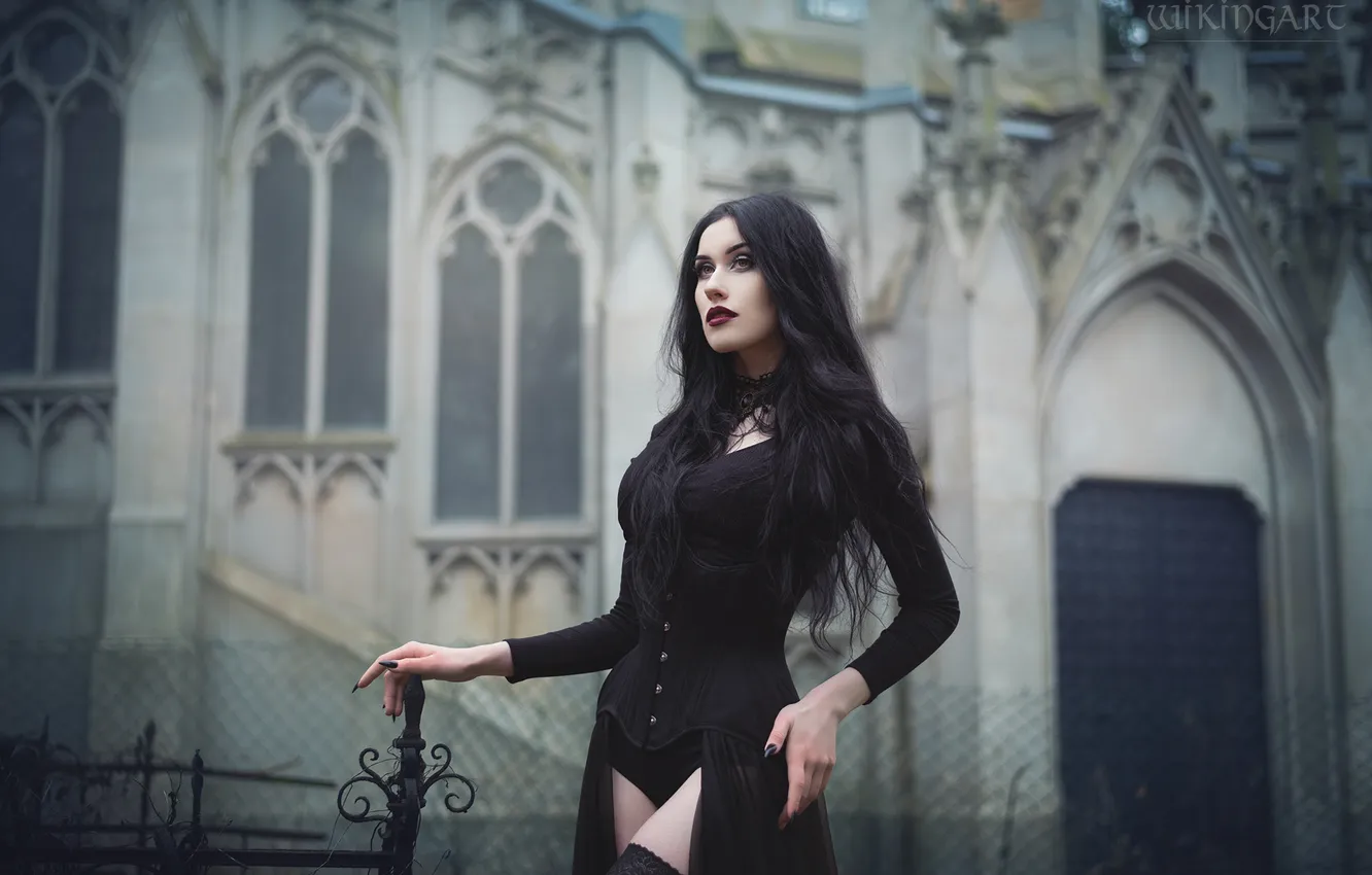 Photo wallpaper look, girl, pose, castle, black, hands, makeup, dress