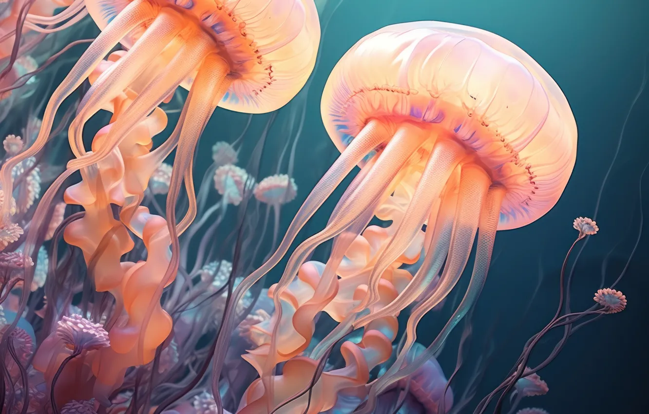 Photo wallpaper sea, jellyfish, underwater world, AI art, neural network