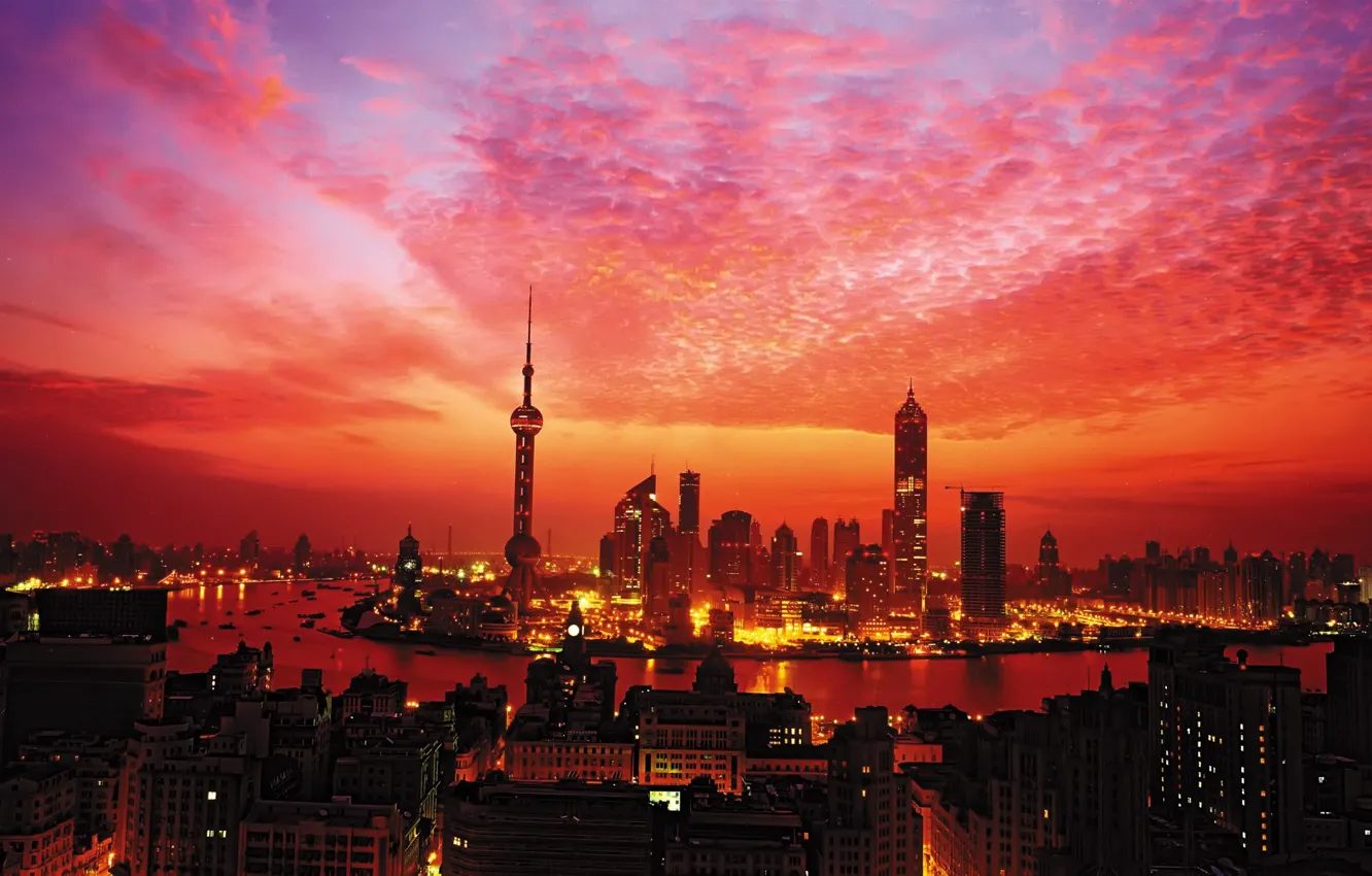 Photo wallpaper sunset, lights, tower, Skyscrapers, Shanghai