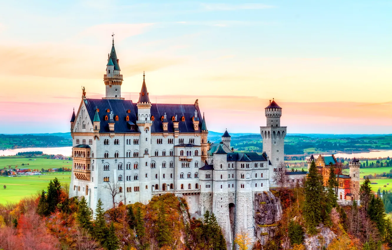 Photo wallpaper castle, Germany, autumn, mountain, Neuschwanstein, Bavaria, castle, Alps
