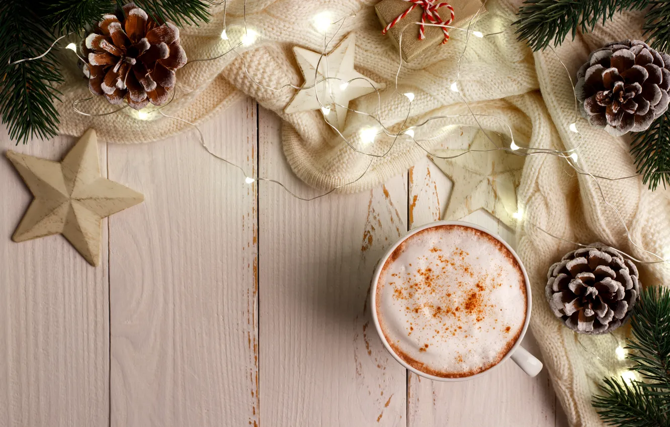 Photo wallpaper new year, Christmas, Christmas, wood, cup, New Year, coffee, decoration