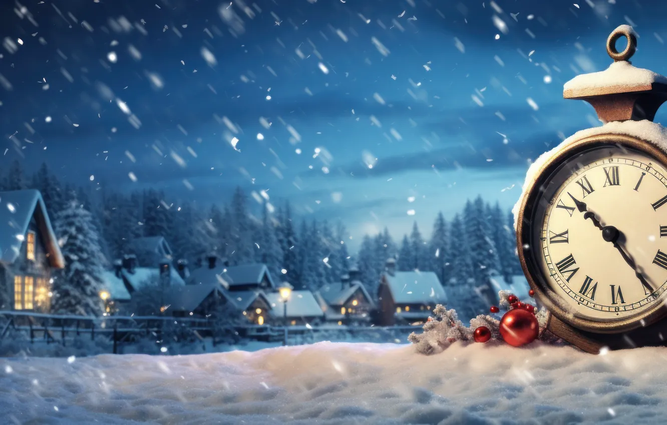 Photo wallpaper winter, snow, night, time, watch, new year, Christmas, panorama