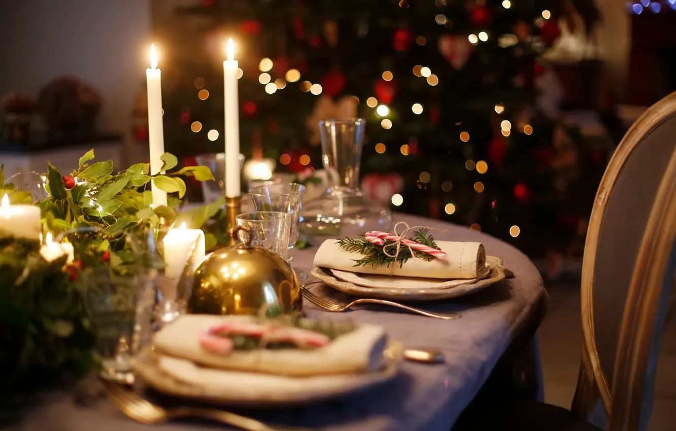 Photo wallpaper decoration, lights, table, holiday, glass, tree, new year, candles