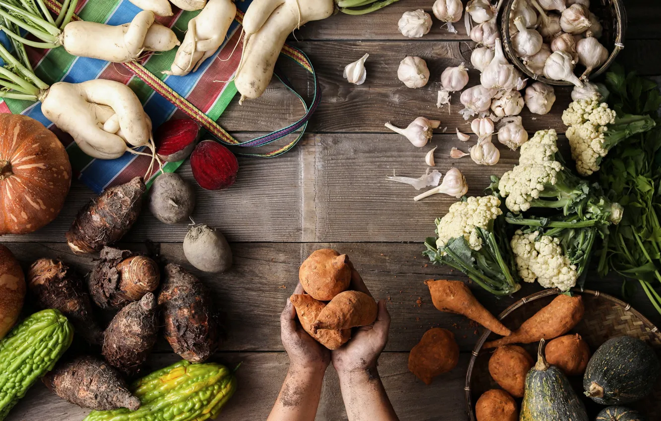 Photo wallpaper table, Board, hands, fruit, pumpkin, bowl, bag, vegetables