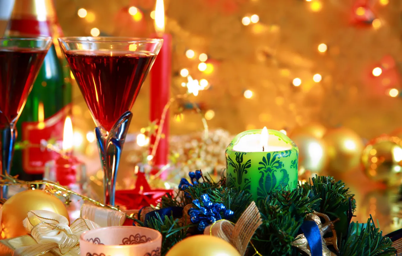 Photo wallpaper balls, holiday, Candles, glasses, New year, champagne