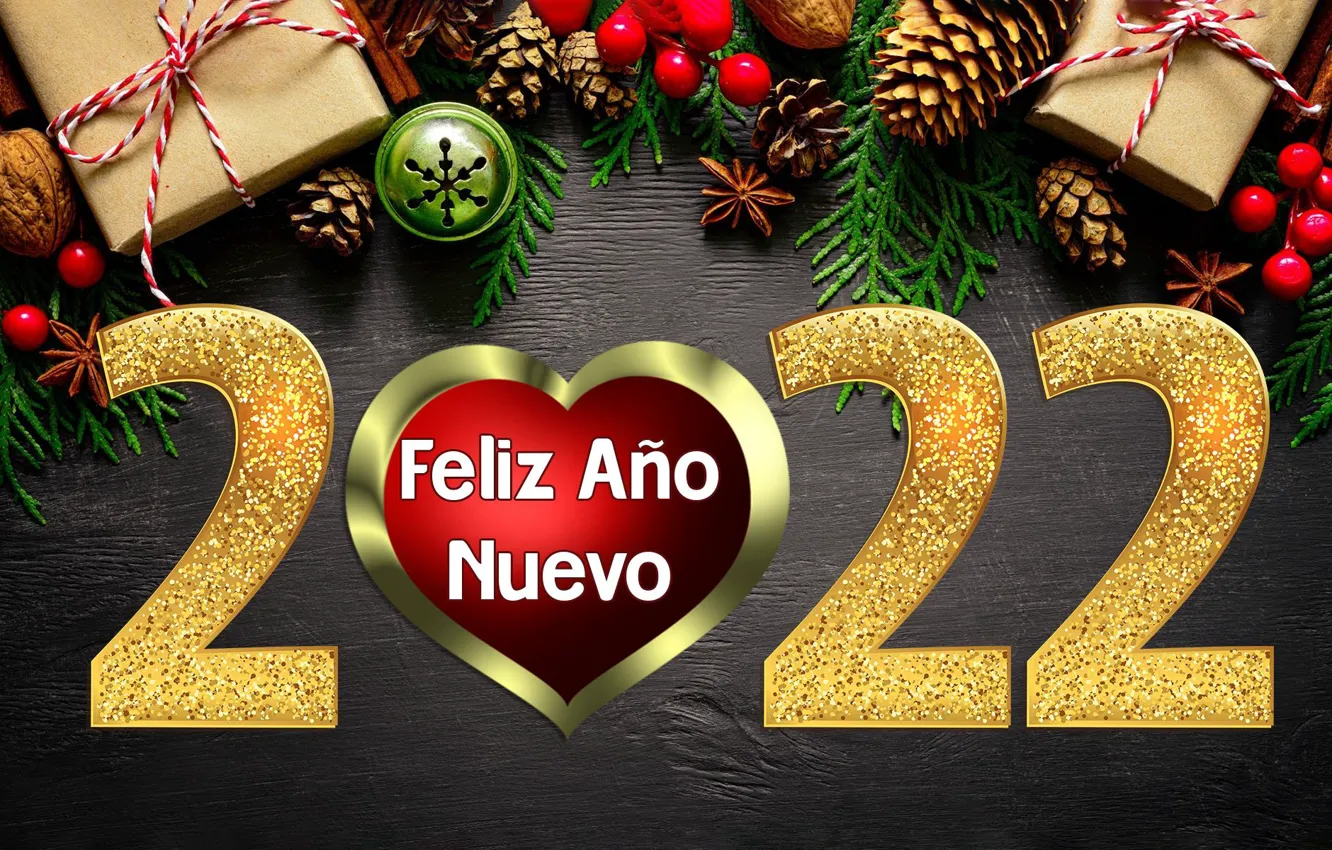 Photo wallpaper holiday, branch, heart, new year, figures, gifts, nuts, Happy New Year