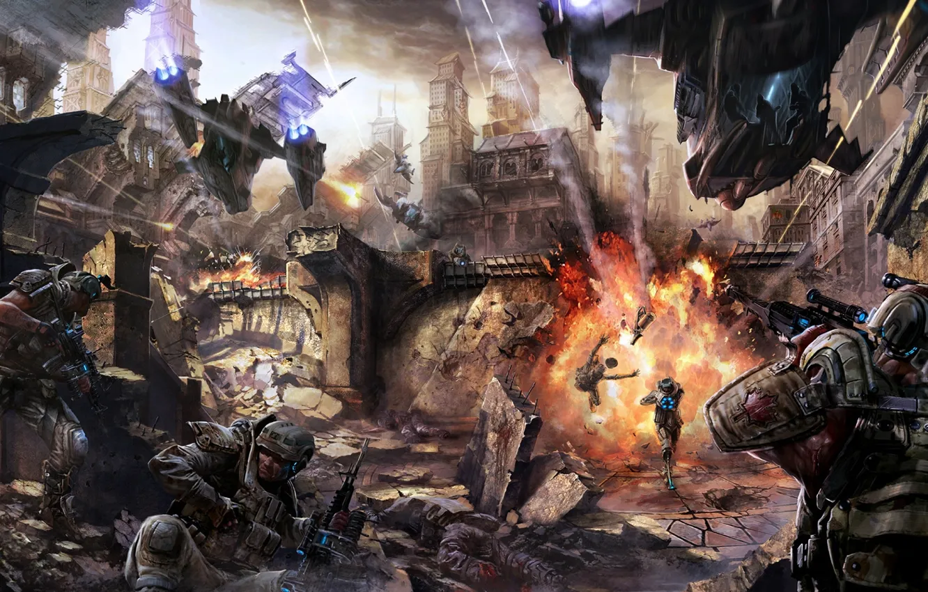 Photo wallpaper soldiers, destruction, sci fi battle, heavy weapons, protective equipment, firearms