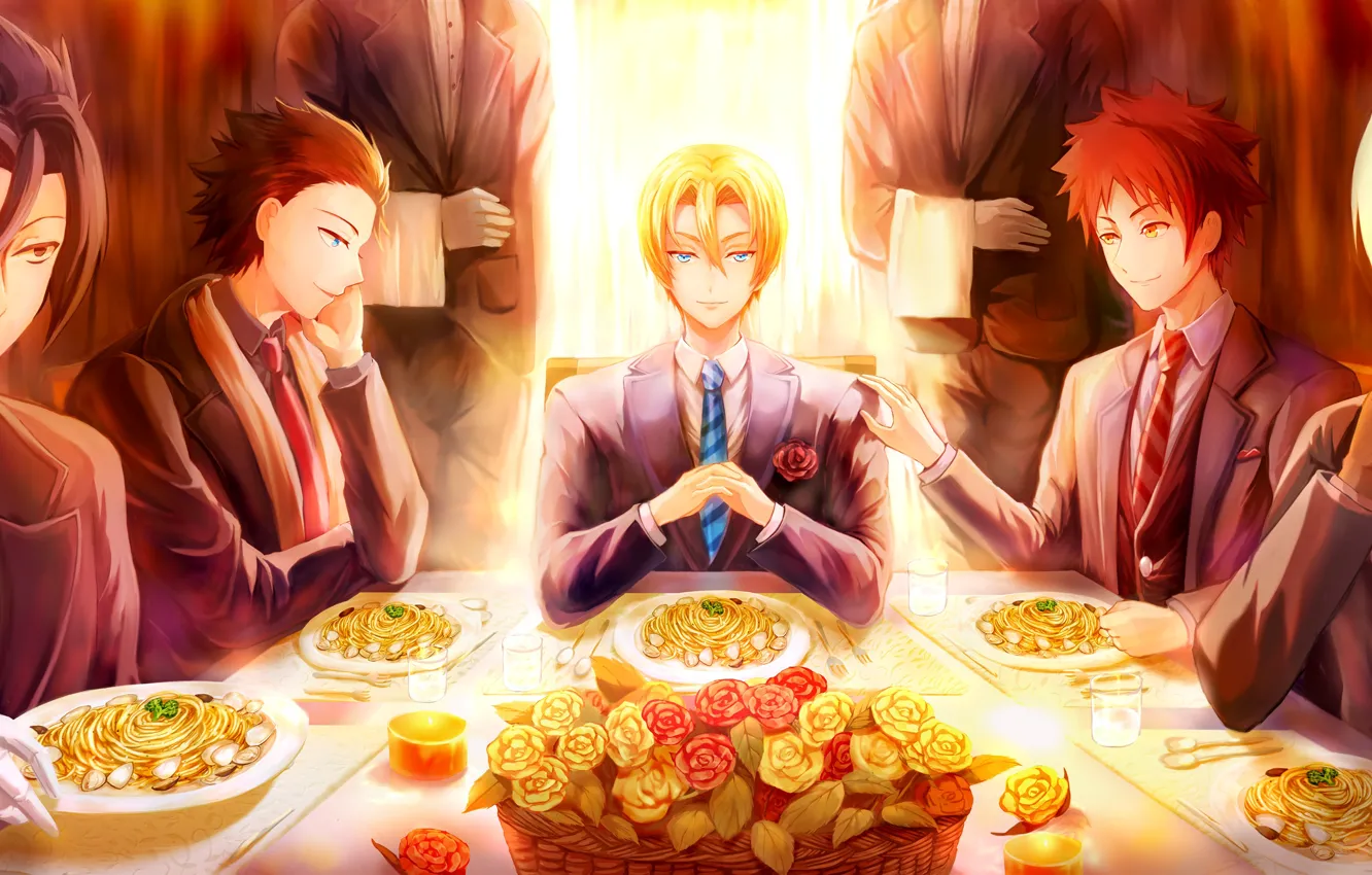 Photo wallpaper table, roses, guys, serving, In the search for the divine recipe, Shokugeki No Soma