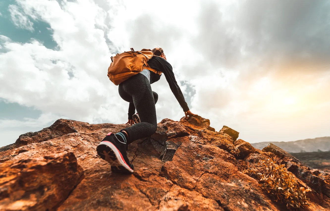 Photo wallpaper girl, mountains, tops, back, backpack, tourist, Climbs to the top of the mountain, Active lifestyle