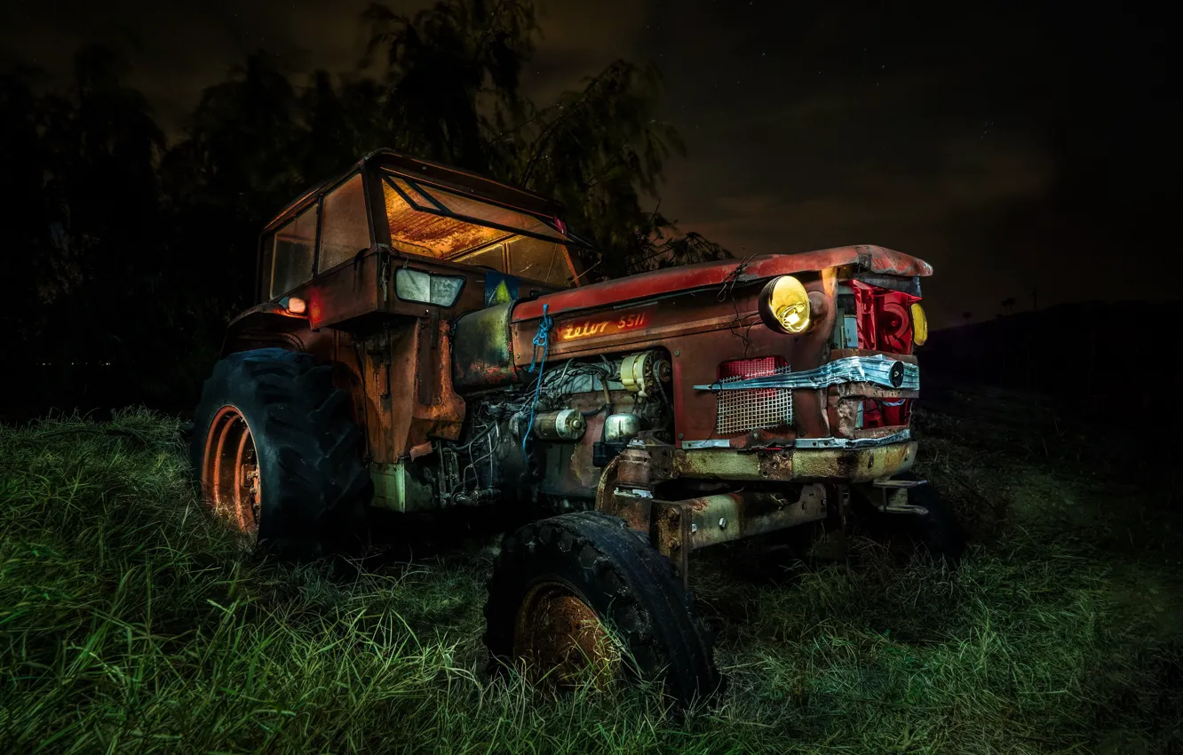 Photo wallpaper night, tractor, scrap