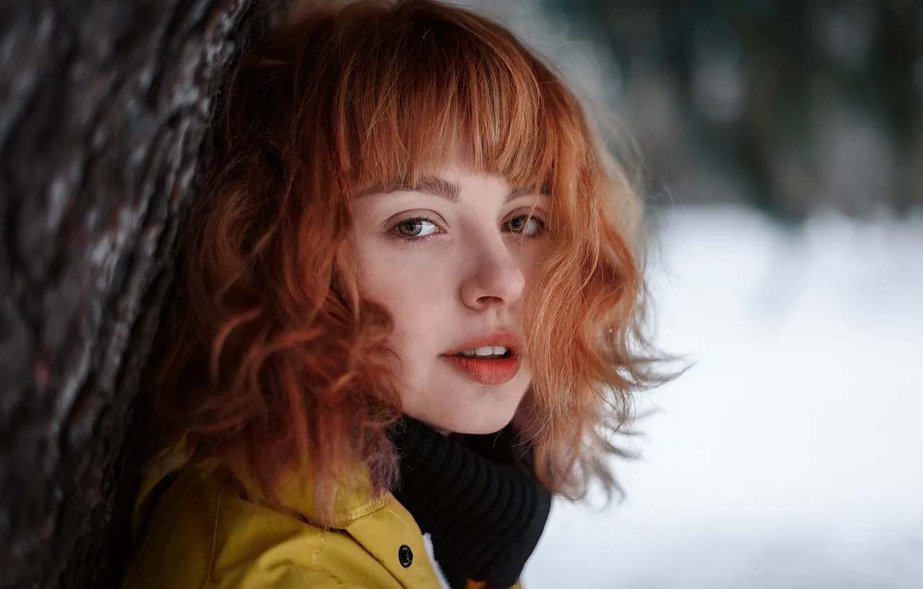 Photo wallpaper winter, look, girl, snow, hair, red, Juliana Naidenova