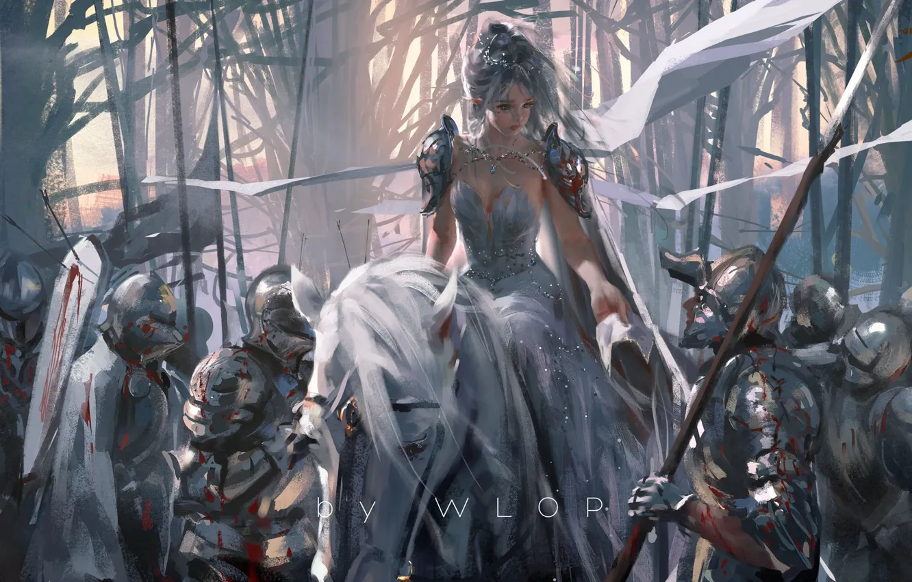 Photo wallpaper blood, fantasy, forest, soldiers, trees, army, animal, horse, weapons, elf, digital art, artwork, princess, swords, …