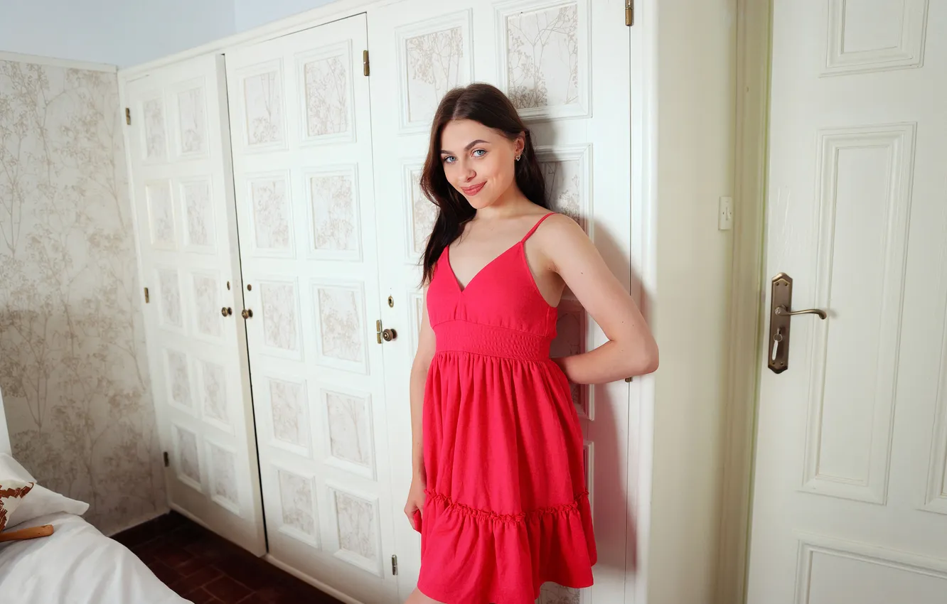 Photo wallpaper long hair, model, awesome, brunette, posing, red dress, beautiful face, pretty eyes