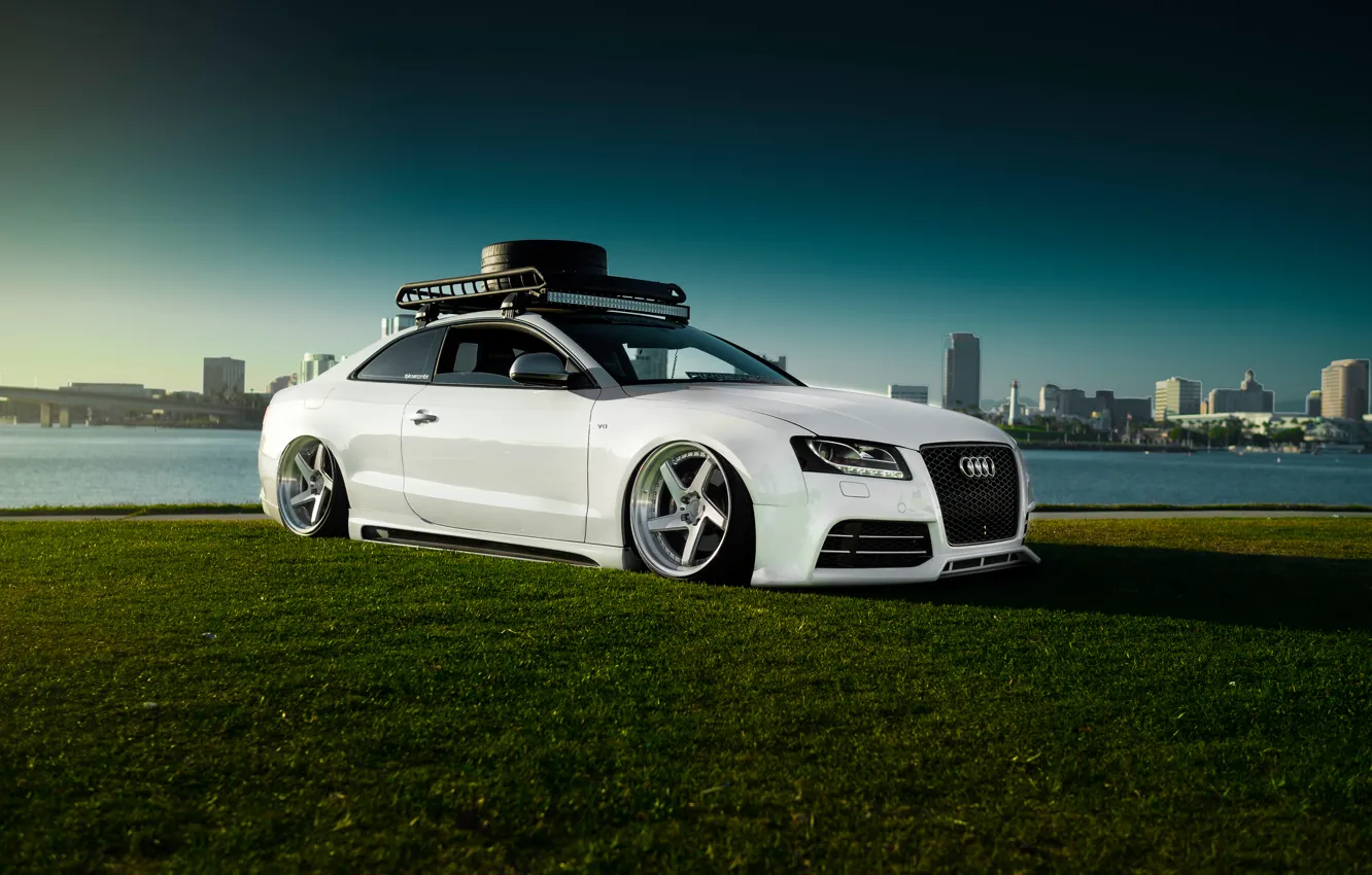 Photo wallpaper Audi, Car, Sky, Grass, RS5, White, Low, Stancenation