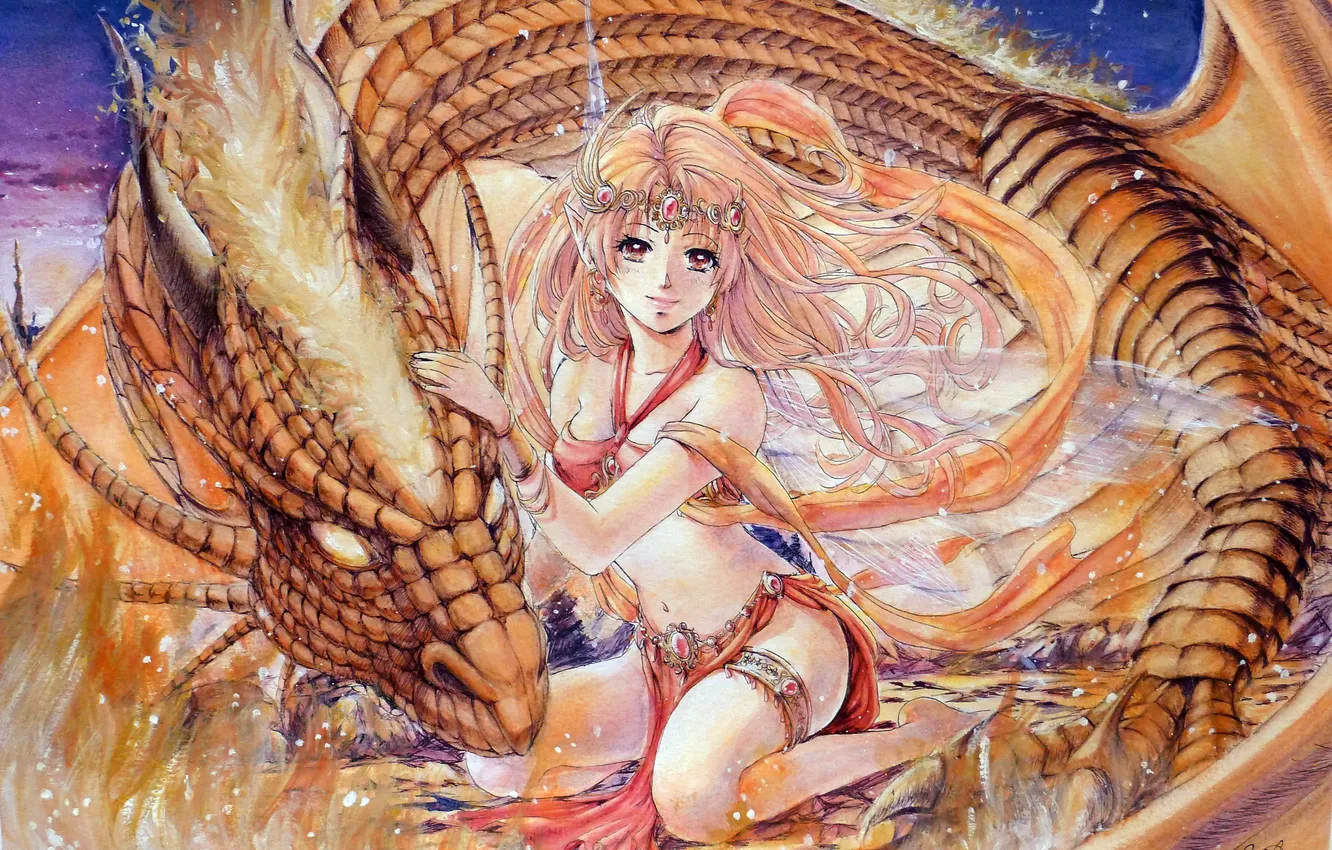 Photo wallpaper look, girl, decoration, lights, stones, dragon, fantasy