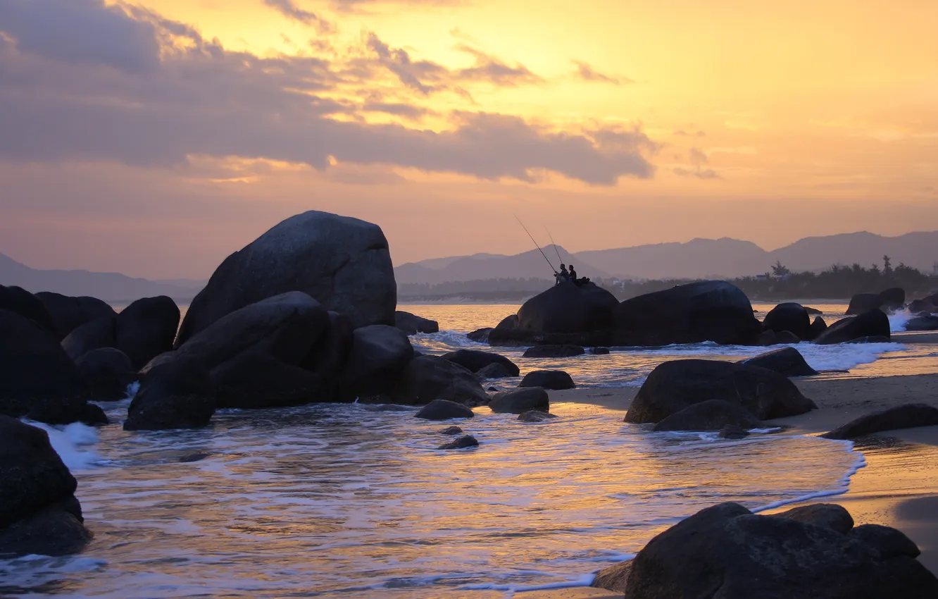 Photo wallpaper sea, landscape, sunset, mood, fishing, fisherman, the evening, boulders