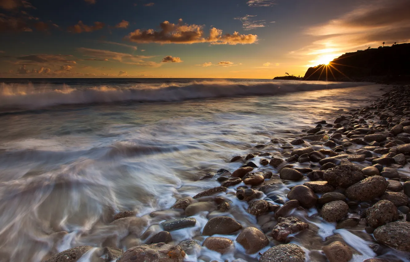 Photo wallpaper sea, wave, sunset