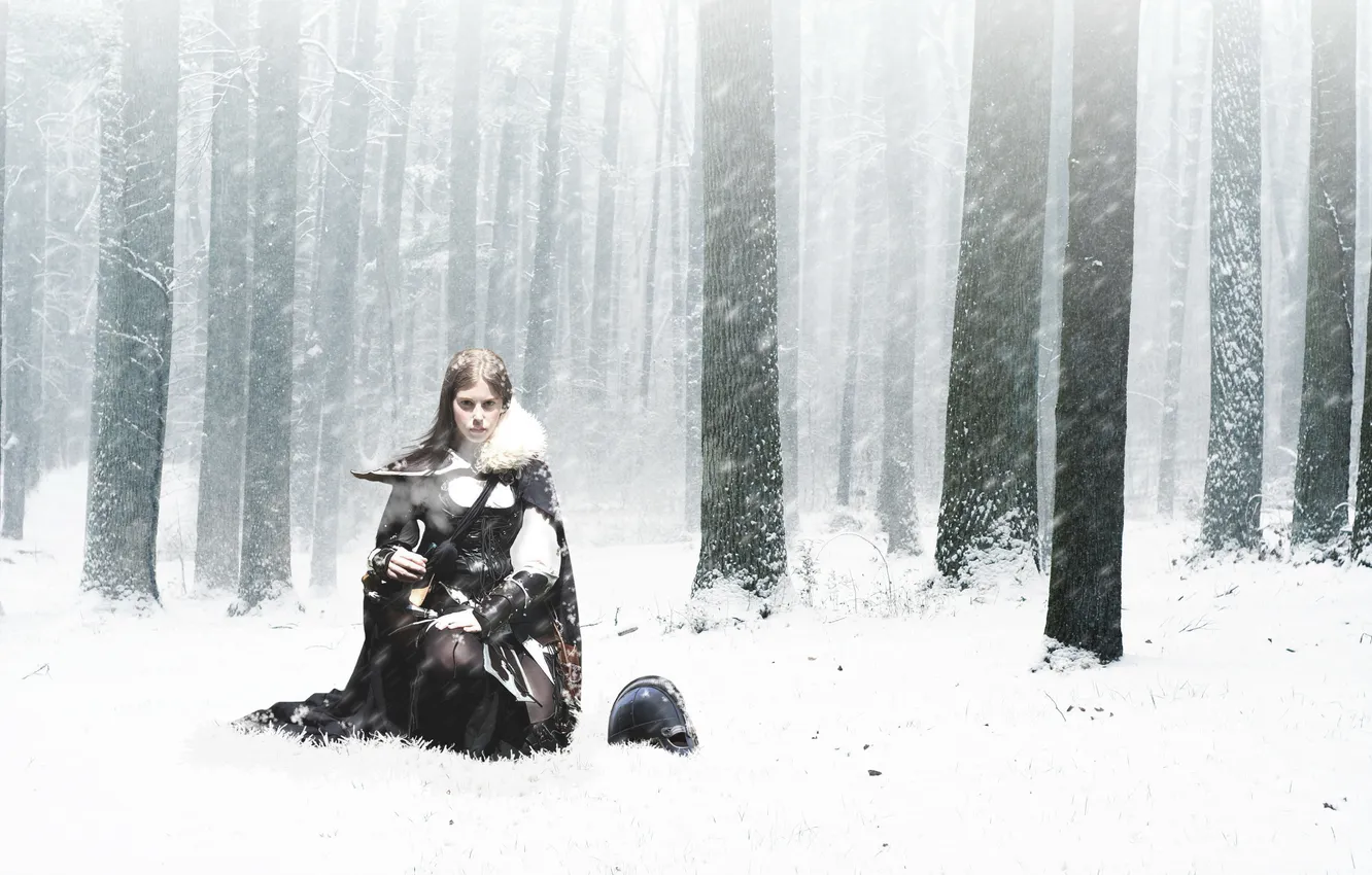 Photo wallpaper winter, forest, look, girl, snow, trees, weapons, warrior