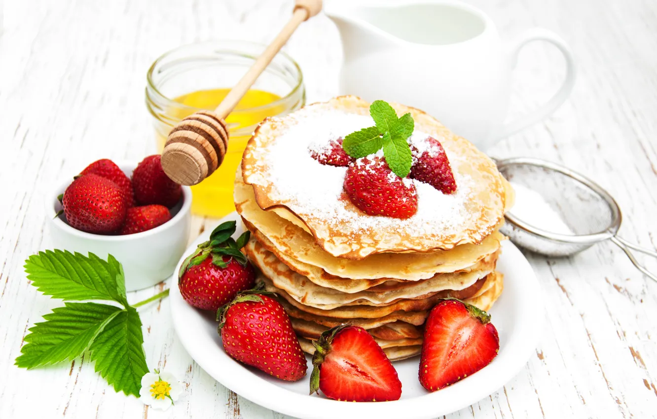 Photo wallpaper strawberry, powdered sugar, pancakes, Olena Rudo