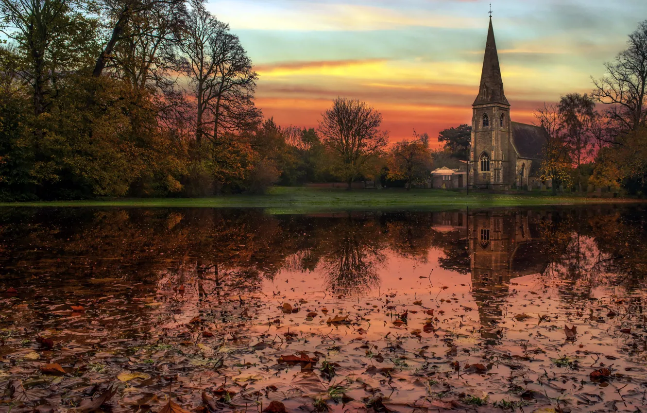 Photo wallpaper autumn, reflection, church
