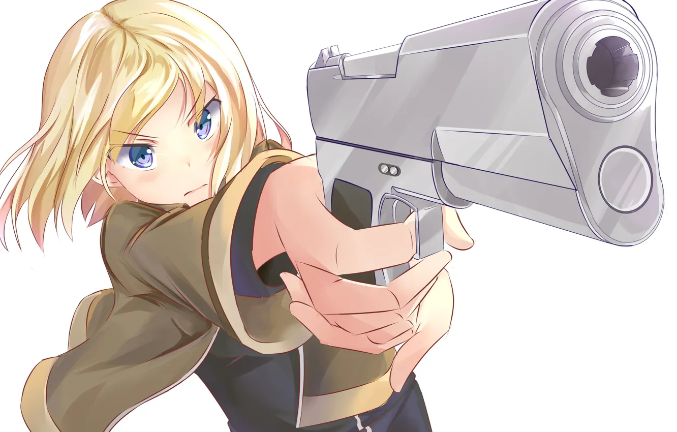 Photo wallpaper girl, gun, blonde