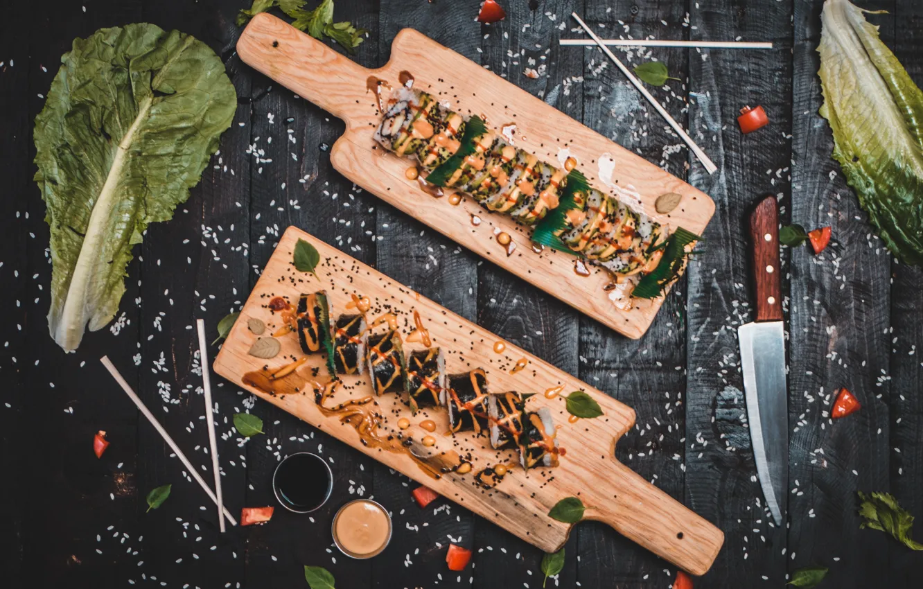 Photo wallpaper food, sticks, plate, knife, fruit, tomatoes, sauce, sushi