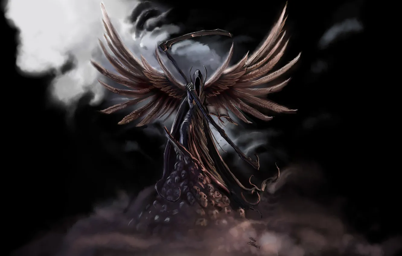 Photo wallpaper fog, death, fiction, wings, skull, braid, black background, dark angel