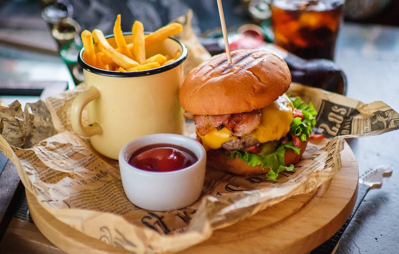 Photo wallpaper sauce, hamburger, ketchup, fast food, French fries