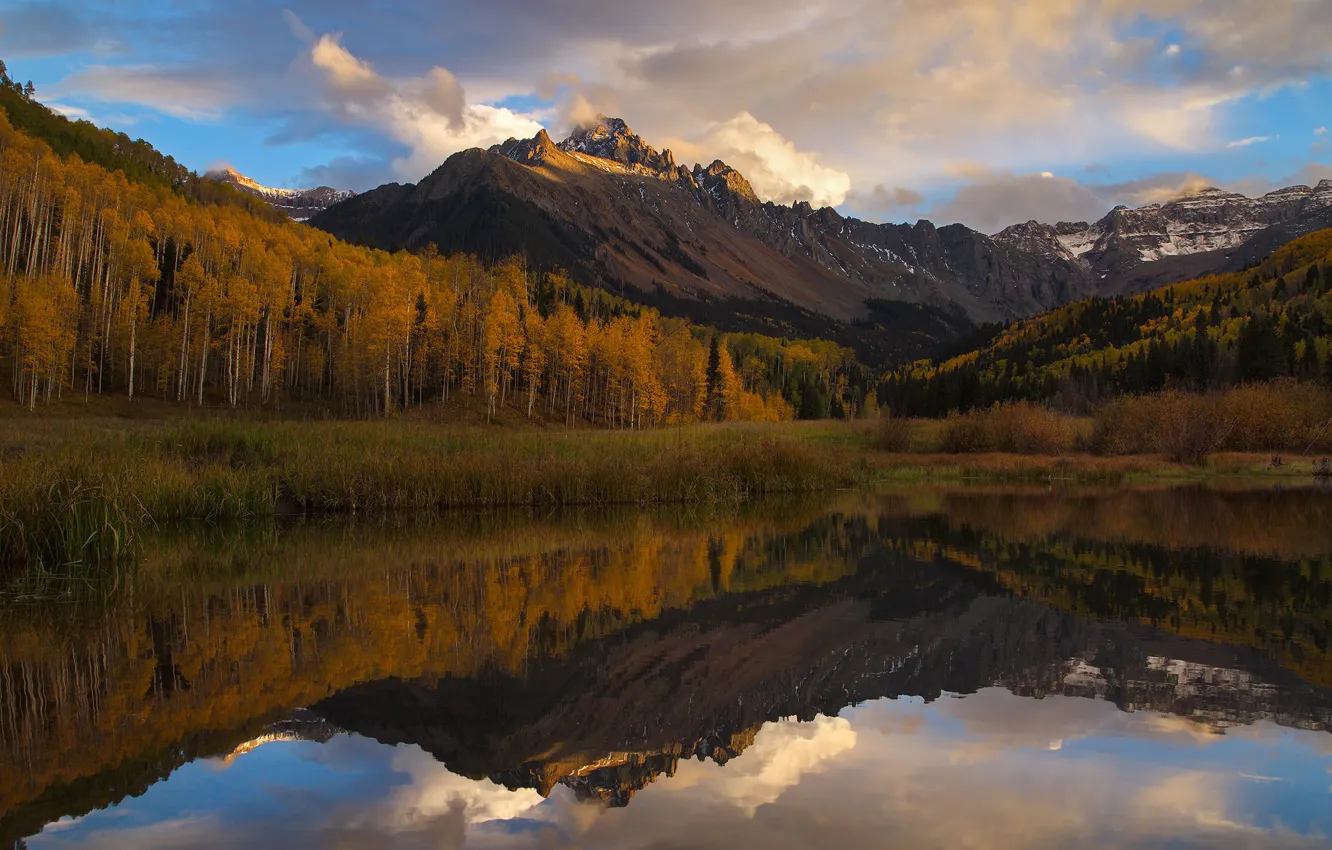 Photo wallpaper autumn, forest, the sky, clouds, mountains, lake