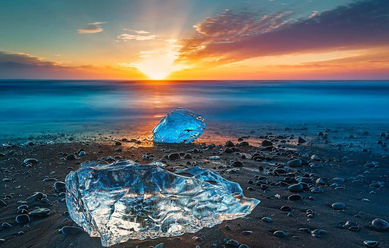 Photo wallpaper ice, sea, sunset, shore, Iceland